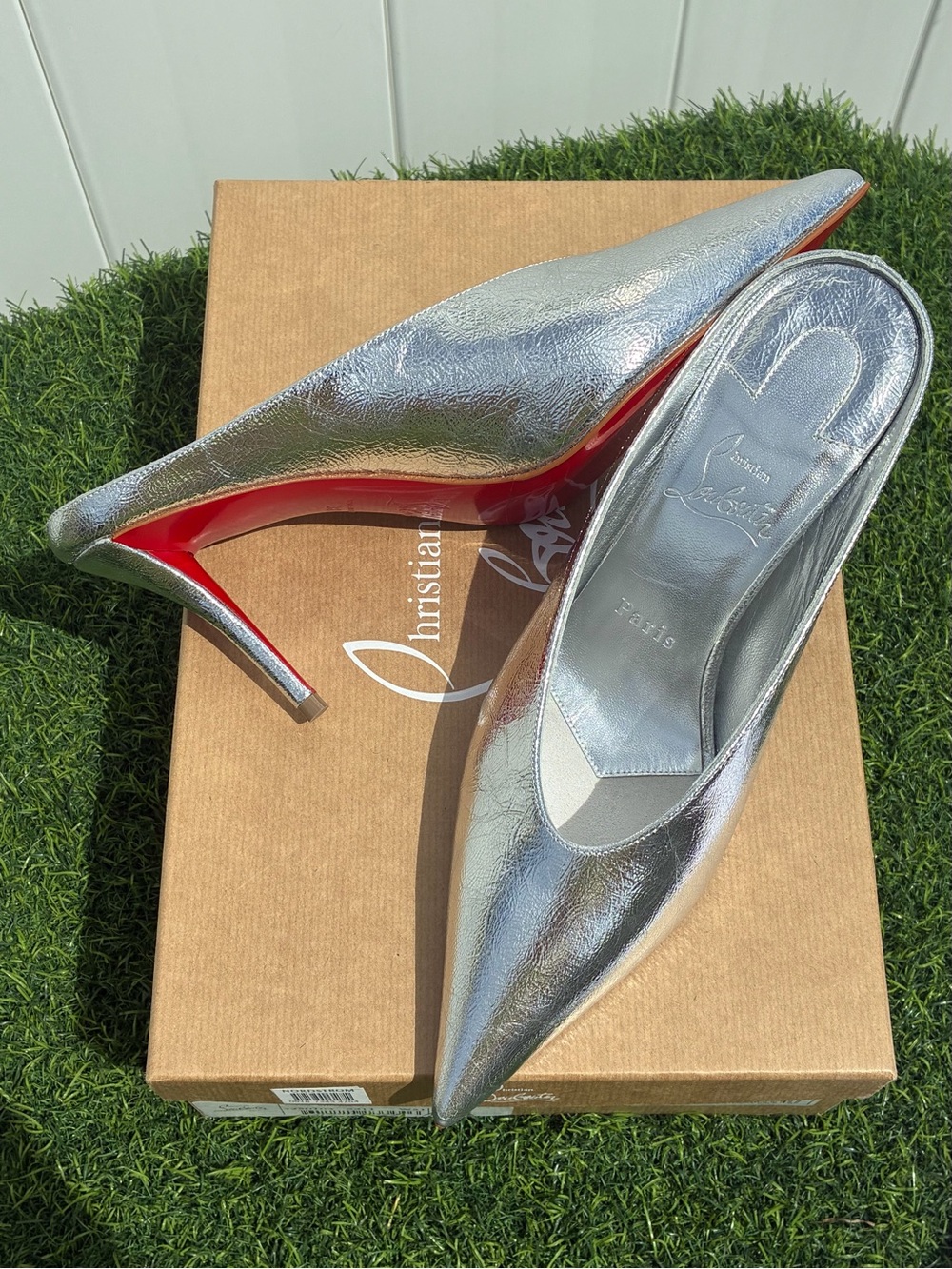 CHRISTIAN LOUBOUTIN MISS Z SLIMIMULE 80 SILVER CALF VINTAGE LEATHER MULES SZ 38